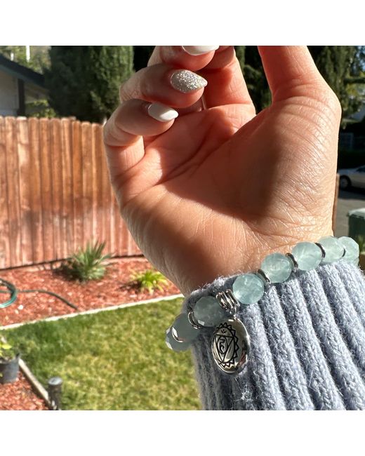 Seven Saints Blue Throat Chakra Aquamarine Activation Stretch Bracelet, Rhodium Plated