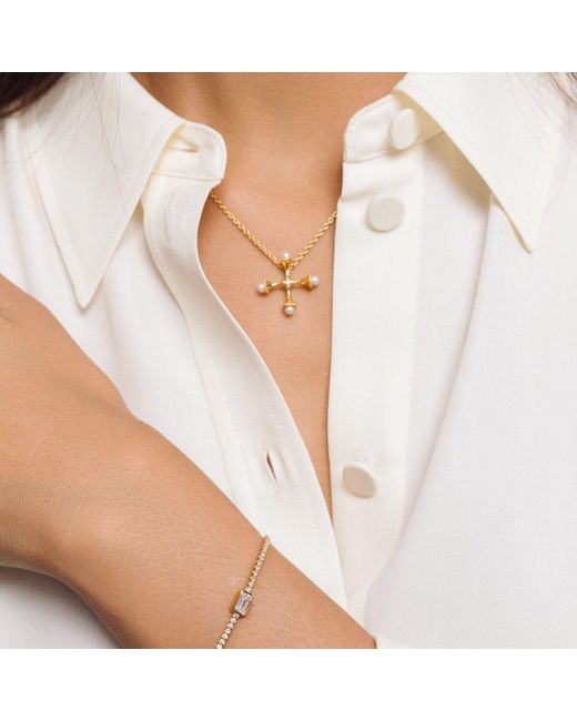 Lulu B London Metallic Small Pearl Cross Necklace With Cubic Zirconia