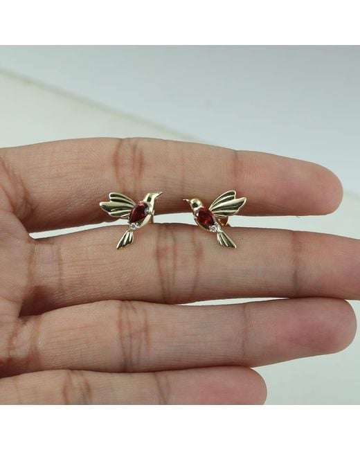 Artisan Metallic Garnet & Diamond Hammering Bird Stud Earrings