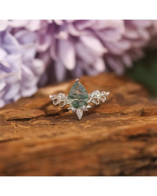 Azura Jewelry New York Green Dewdrop Moss Agate Ring Vermeil