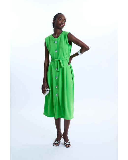 James Lakeland Green Buttoned Pocket Sleeveless Midi Dress