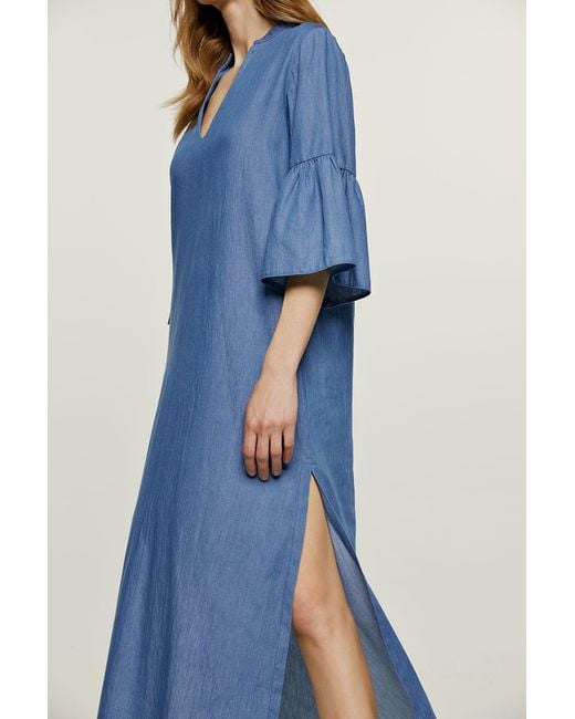 Conquista Blue Denim Style Kaftan With Ruffle Detail
