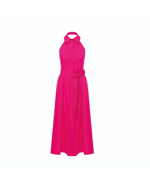 NAZLI CEREN Carrie Linen Midi Dress In Berry Pink