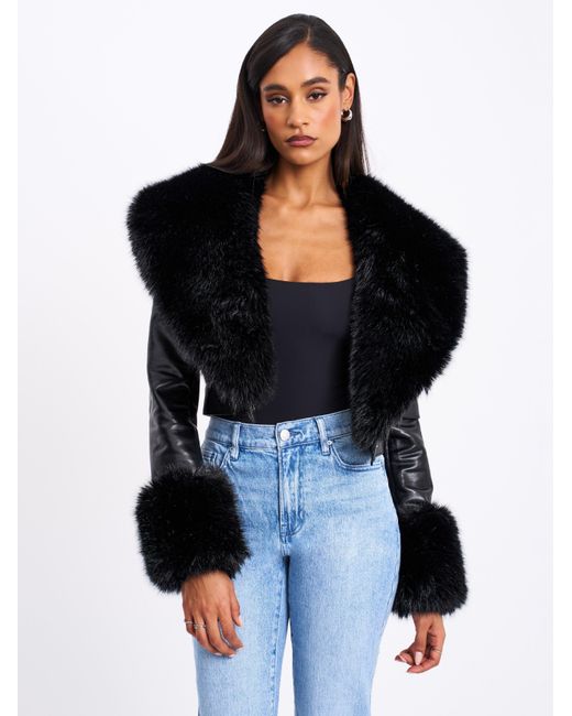 Miss Circle New York Black Ziah Cropped Leather Jacket With Fur Collar