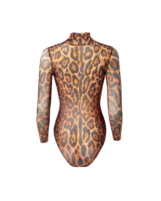Rodasoleil Smart Swimwear Brown Tan-Through Mesh One-Piece Zipper Swimsuit With Sleeves Leopard