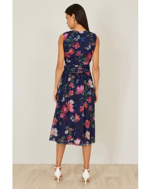 Yumi' Blue Blurred Floral Print Mesh Stretch Midi Dress With Pockets