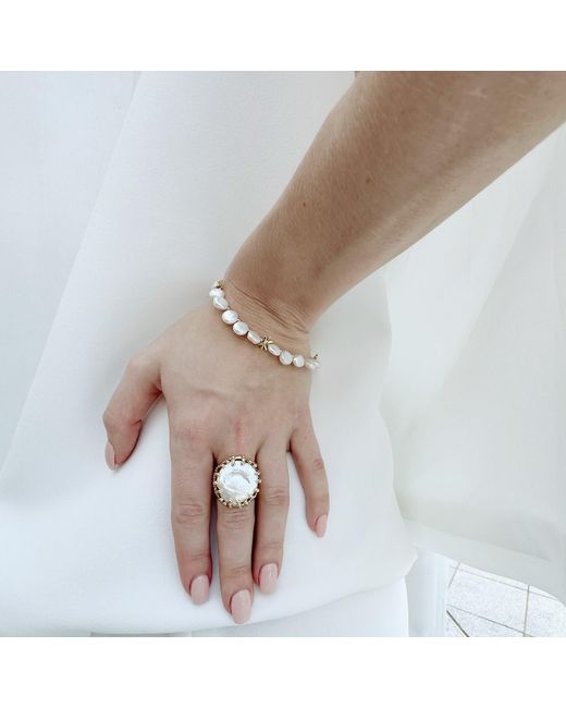 Farra Metallic Flower Petals Freshwater Pearls Bracelet