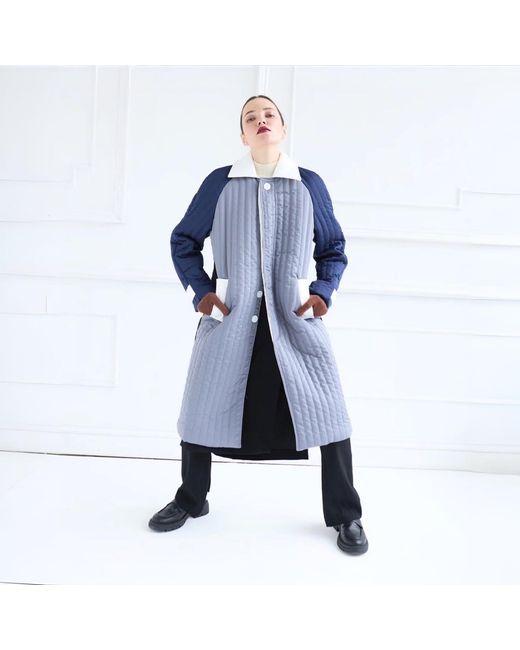 London Atelier Byproduct Blue Patchwork Colour Block Quilt Long Jacket