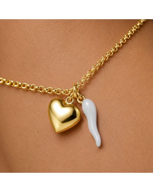 Unaloe Metallic Vermeil Cornicello & Heart Charm Bracelet – Enamel Italian Good Luck Jewelry, Handmade Lucky Talisman