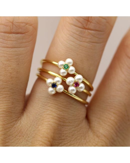 VicStoneNYC Fine Jewelry Metallic Flower Pearl With Ruby Gemstone Ring