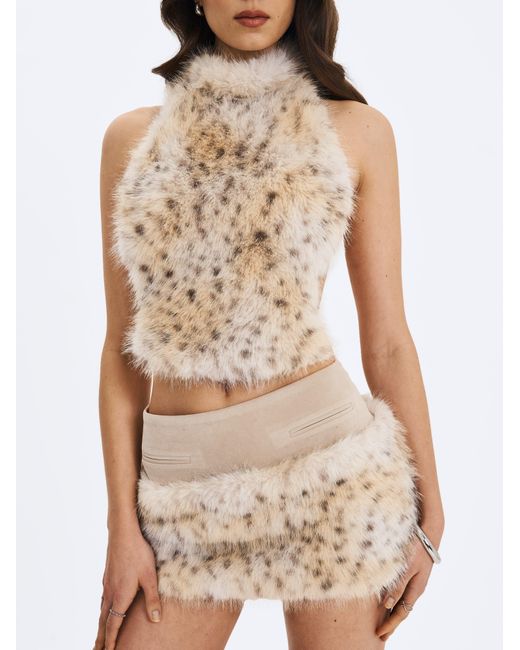 Miss Circle New York Gray Neutrals Sasha Tan Cheetah Backless Contoured Fur Halter Top