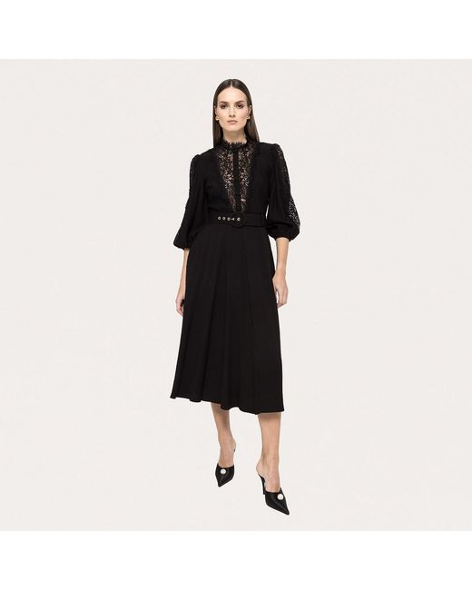 Nissa Black Lace-Insert Viscose Midi Dress