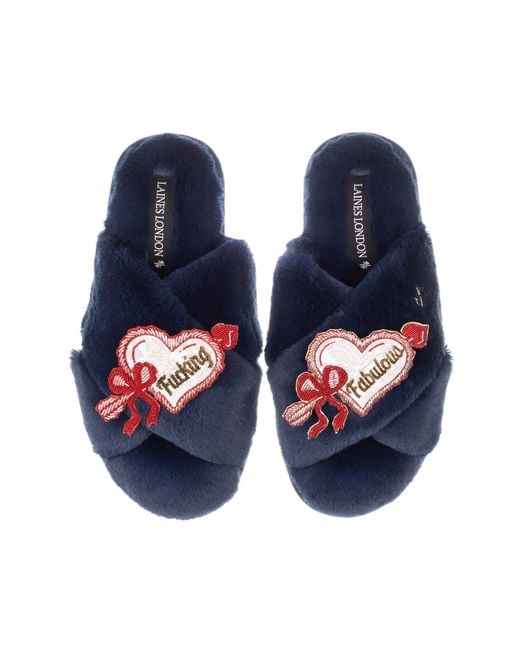 Laines London Blue Classic Laines Slippers With Fucking Fabulous Hearts Brooches