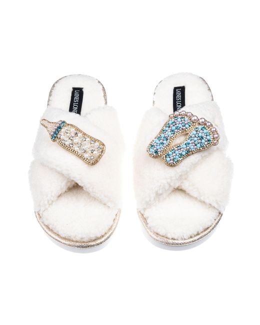 Laines London White Neutrals Laines Neutral Boucle Slippers With New Baby Boy Brooches