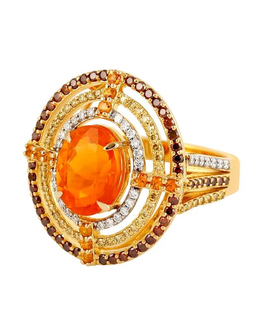Artisan Metallic 18k Yellow Gold Opal Fire Garnet Mandarin Diamond Designer Cocktail Ring