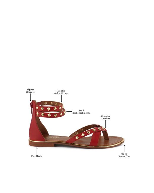 Rag & Co Red Emmeth Studs Embellished Flat Gladiator Sandals