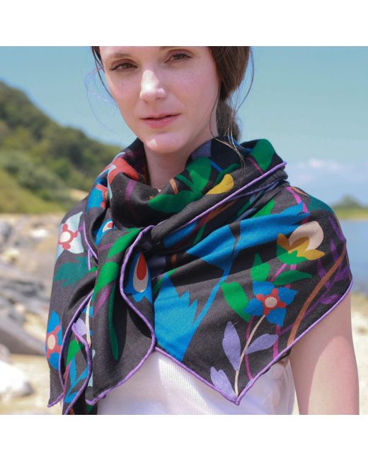 Jessie Zhao New York Black Double Sided Wool Silk Shawl Of Night Garden