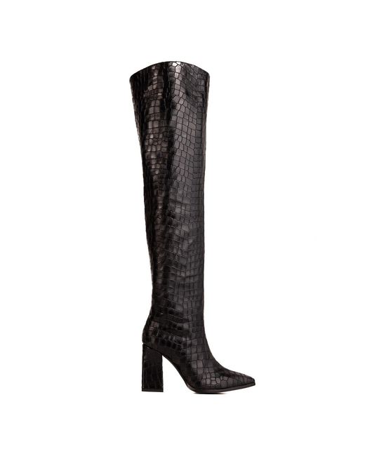 Rosamund Muir London Black Roma Crocodile Print Over Knee Boots