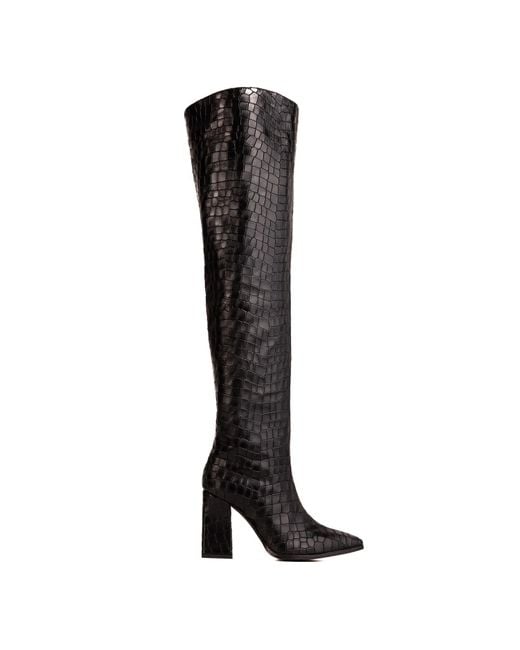 Rosamund Muir London Black Roma Crocodile Print Over Knee Boots