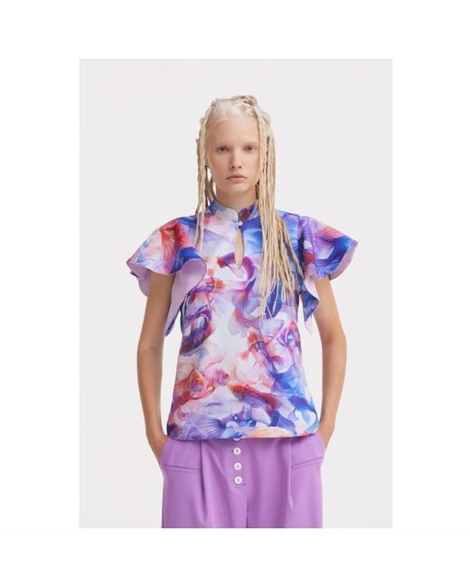 Julia Allert Blue Stand Collar Ruffle Sleeve Blouse – Fish Print