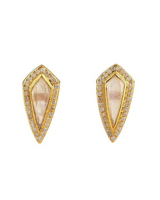 Artisan Metallic Bezel Set Diamond & Kite Shape Moonstone Gemstone In 18k Yellow Gold Stud Earrings