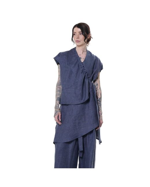 Metamorph Blue Linen Denim Tunic With Draped Collar