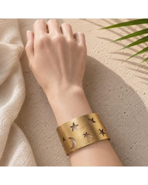 Rare Matters Jewelry Metallic Celestial Star & Moon Cut-Out Cuff Bracelet With Rhinestones