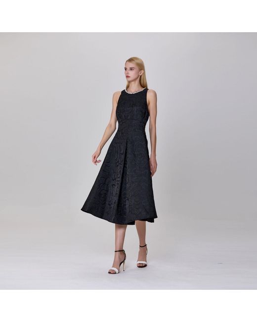 Smart and Joy Black Fit-And-Flare Collar Trim Textured Jacquard Dress