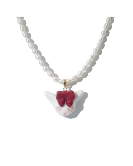 H2 Studio White Angry Puss Ruby Bow Tie Freshwater Pearl Necklace