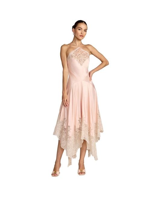 Mac Duggal Pink Lace Trim Handkerchief Midi Dress