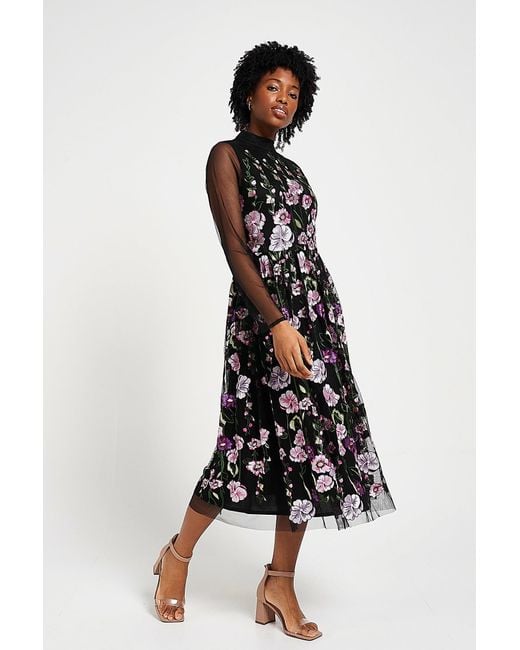 Frock and Frill Black Raena Floral Embroidered Midi Dress