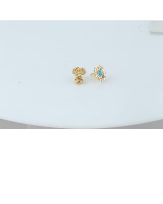 Artisan Blue 18k Yellow Gold In Turquoise & Baguette Diamond Evil Eye Stud Earrings Fine Jewelry