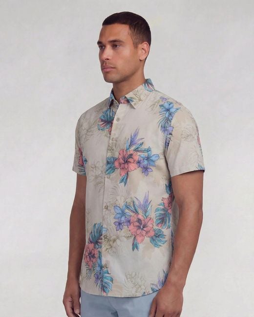 Lords of Harlech Blue Neutrals Todd Exotic Floral Neutral Knit Shirt for men