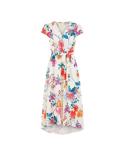 Yumi' White Neutrals Ivory Flower Print Wrap Midi Dress