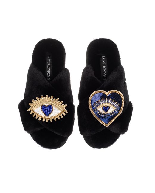 Laines London Black Classic Laines Slippers With Double Heart & Love Eye Brooches