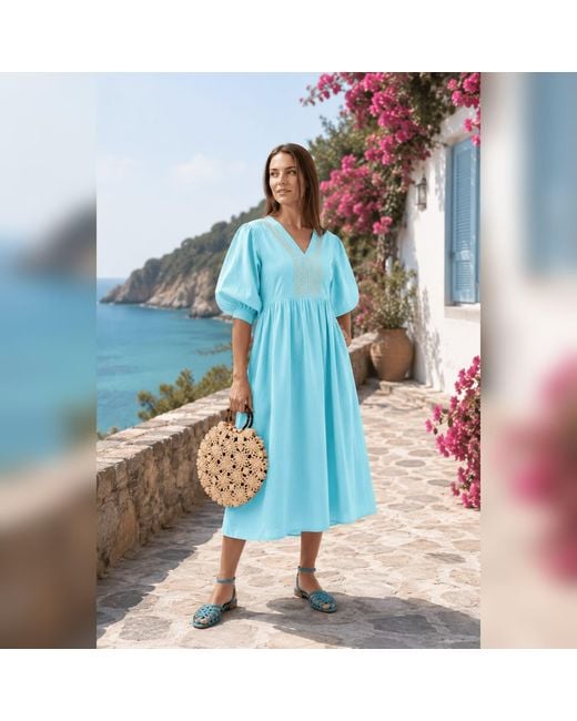 IZABELA MANDOIU Blue Aqua Midi Dress With Puff Sleeves And Decorative Trim