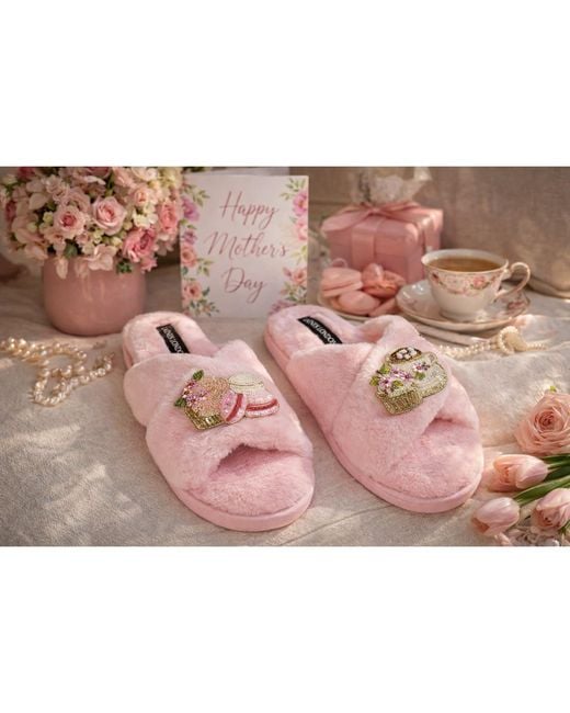Laines London Pink Classic Laines Slippers With Mother's Day Macaroon Brooches