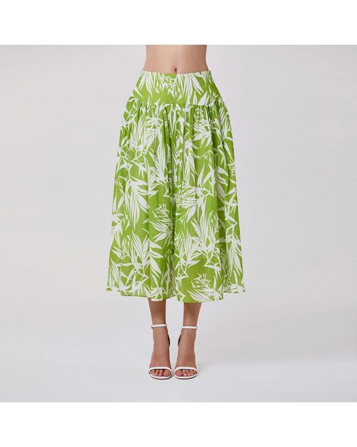 Smart and Joy Green Midi Cotton Skirt With Leaf Print