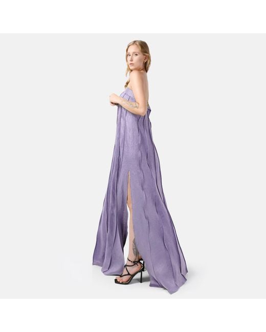 Kargede Purple Lilac Linen Maxi Dress – Designer Strapless Gown With Pleated Detail