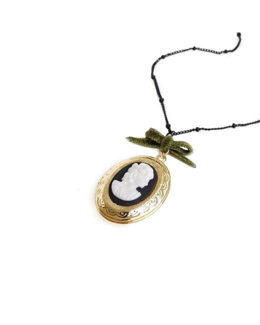 POPORCELAIN Metallic Dark Romance Goddess Oval Porcelain Cameo Locket Necklace