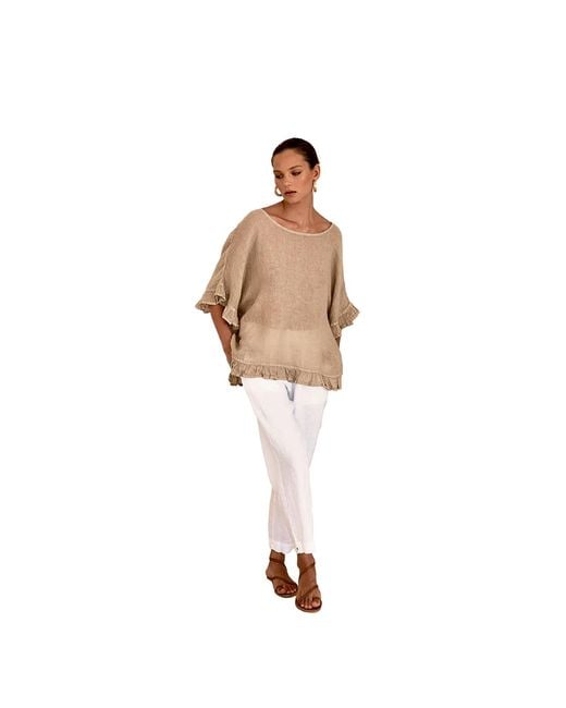 Haris Cotton White Linen Gauze Blouse With Ruffles