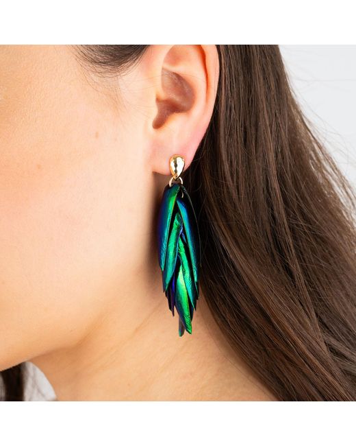 Oana Savu Blue Beetle Earrings Recycled Natural Metallic Earrings Drop Ear Studs
