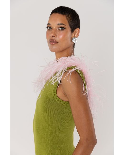 Andreeva Green Chrysanthemum Knit Dress With Real Ostrich Feathers Details