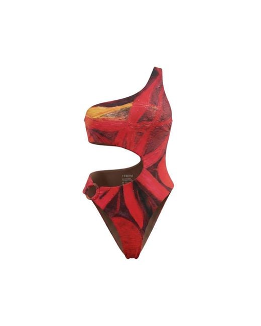Veroni Swim Red Burning Eden One Shoulder One Piece