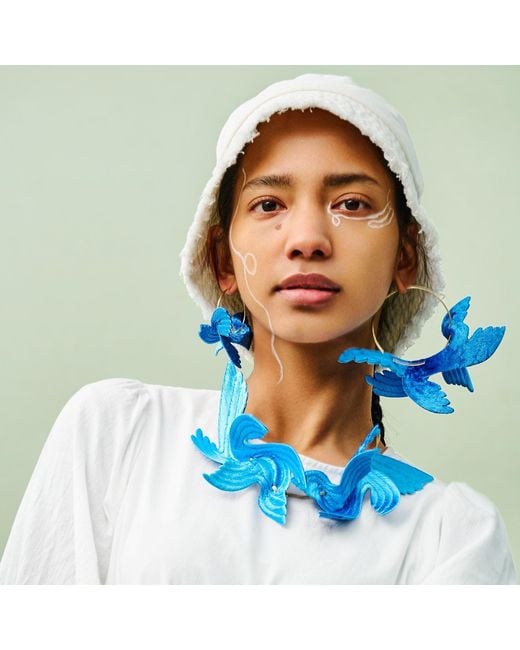 Nana Watanabe Blue Joy Bird Wing Sculptural Embroidered Statement Necklace