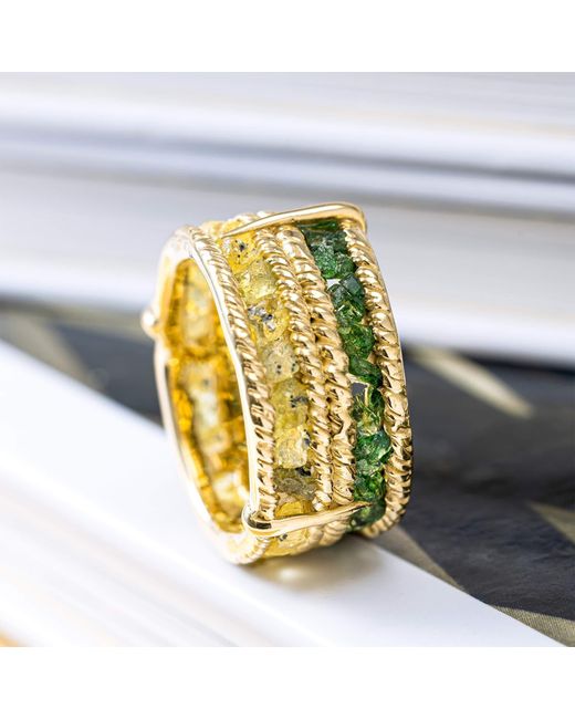 German Kabirski Metallic Tyra Handcrafted Plated Barrel Ring With Raw Sapphire And Chrome Diopside