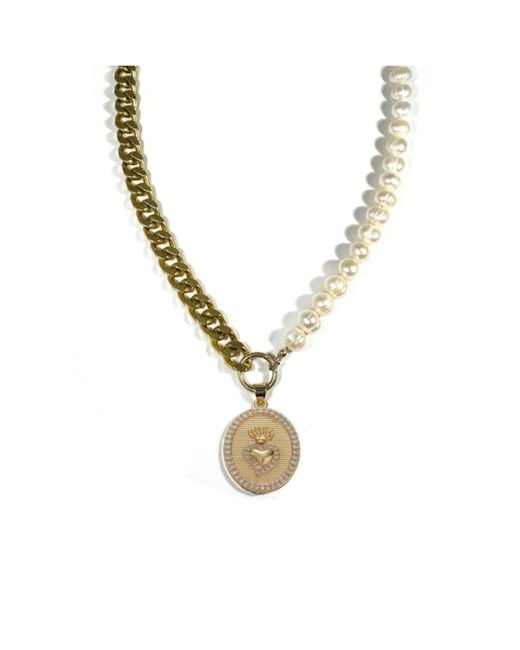 Rachel Nathan Metallic Pearl & Sacred Heart Curb Chain Necklace