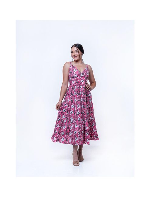 House of Gl Pink Elira Cotton Sweetheart Neckline Midi Dress With Smocked Back