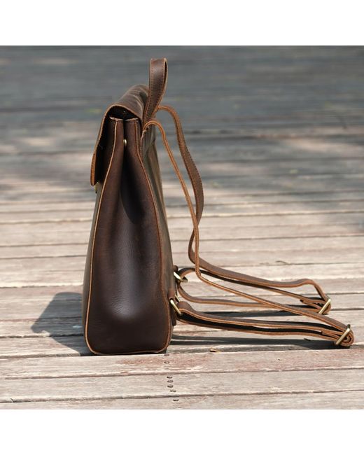 Touri Brown Handmade Worn Look Genuine Leather Slim Backpack