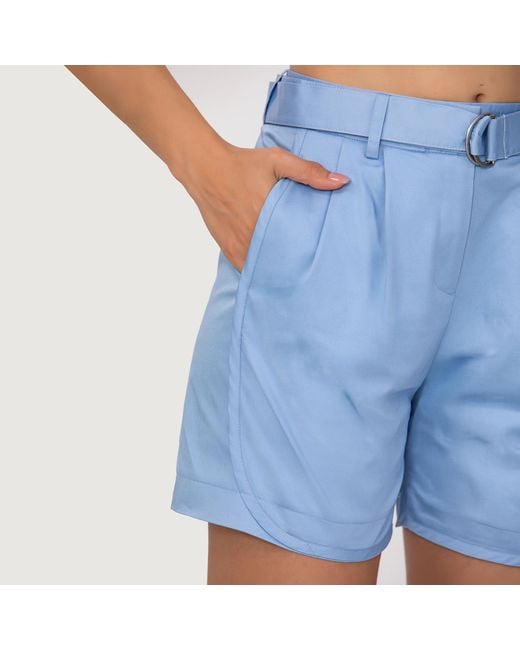 Smart and Joy Blue Neutrals Buckle And Front Pleats Cotton Shorts